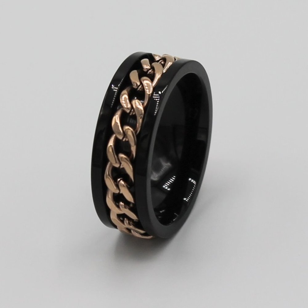 Mens black and rose tone ring band 8mm